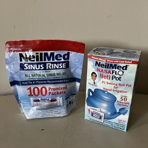 BNIB NeilMed Flu Cold Sinus Relief NasalFlo NetiPot + 73 Sinus Rinse Packets